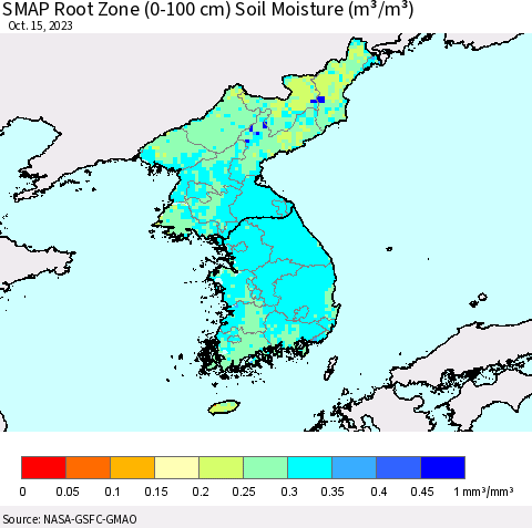 Korea SMAP Root Zone (0-100 cm) Soil Moisture (m³/m³) Thematic Map For 10/11/2023 - 10/15/2023