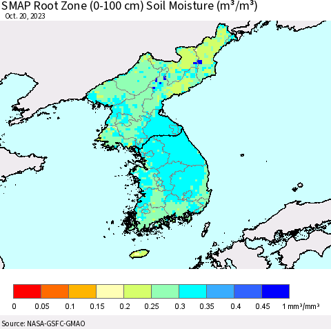Korea SMAP Root Zone (0-100 cm) Soil Moisture (m³/m³) Thematic Map For 10/16/2023 - 10/20/2023