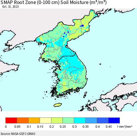 Korea SMAP Root Zone (0-100 cm) Soil Moisture (m³/m³) Thematic Map For 10/26/2023 - 10/31/2023