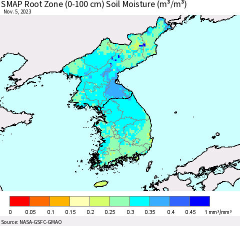 Korea SMAP Root Zone (0-100 cm) Soil Moisture (m³/m³) Thematic Map For 11/1/2023 - 11/5/2023