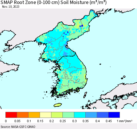 Korea SMAP Root Zone (0-100 cm) Soil Moisture (m³/m³) Thematic Map For 11/6/2023 - 11/10/2023