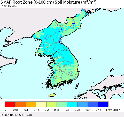 Korea SMAP Root Zone (0-100 cm) Soil Moisture (m³/m³) Thematic Map For 11/11/2023 - 11/15/2023