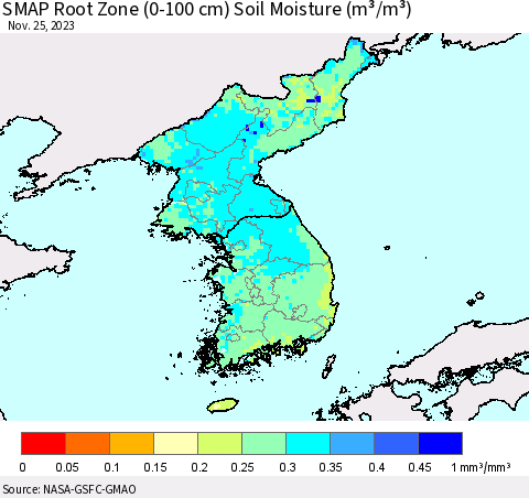 Korea SMAP Root Zone (0-100 cm) Soil Moisture (m³/m³) Thematic Map For 11/21/2023 - 11/25/2023