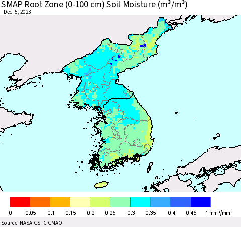 Korea SMAP Root Zone (0-100 cm) Soil Moisture (m³/m³) Thematic Map For 12/1/2023 - 12/5/2023