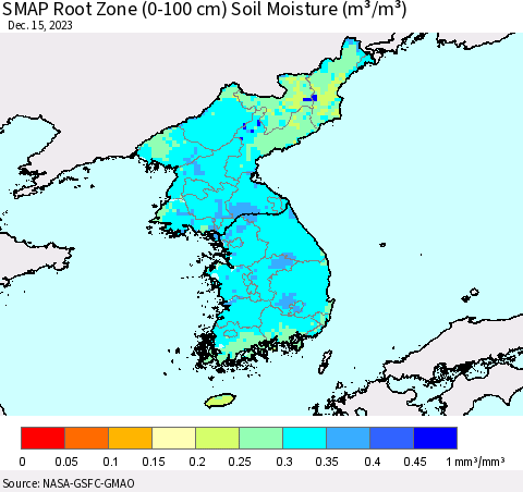Korea SMAP Root Zone (0-100 cm) Soil Moisture (m³/m³) Thematic Map For 12/11/2023 - 12/15/2023