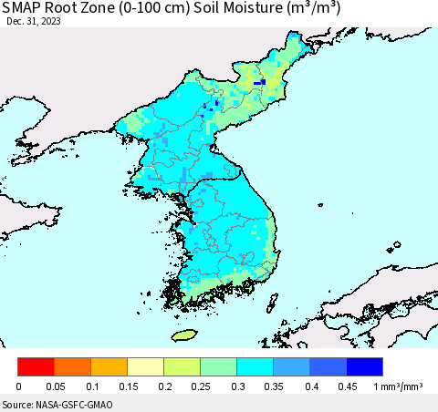 Korea SMAP Root Zone (0-100 cm) Soil Moisture (m³/m³) Thematic Map For 12/26/2023 - 12/31/2023