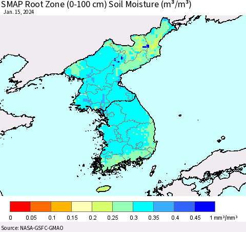 Korea SMAP Root Zone (0-100 cm) Soil Moisture (m³/m³) Thematic Map For 1/11/2024 - 1/15/2024