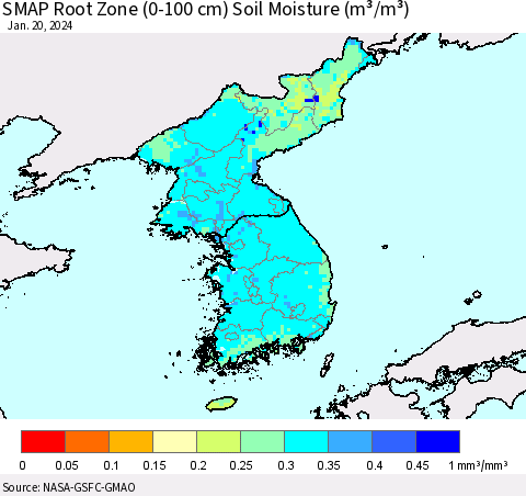 Korea SMAP Root Zone (0-100 cm) Soil Moisture (m³/m³) Thematic Map For 1/16/2024 - 1/20/2024