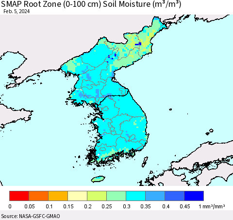 Korea SMAP Root Zone (0-100 cm) Soil Moisture (m³/m³) Thematic Map For 2/1/2024 - 2/5/2024