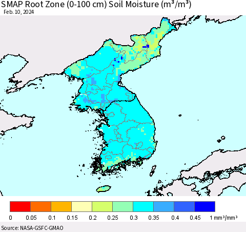 Korea SMAP Root Zone (0-100 cm) Soil Moisture (m³/m³) Thematic Map For 2/6/2024 - 2/10/2024