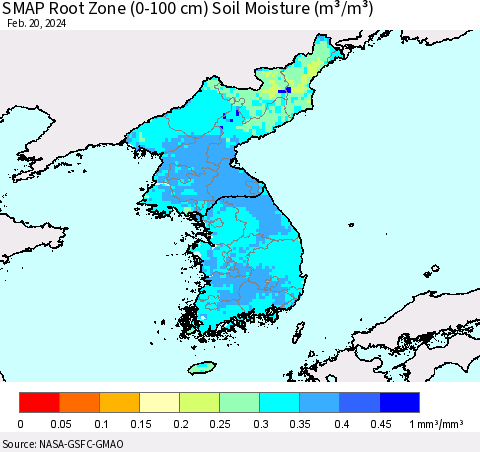 Korea SMAP Root Zone (0-100 cm) Soil Moisture (m³/m³) Thematic Map For 2/16/2024 - 2/20/2024