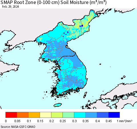 Korea SMAP Root Zone (0-100 cm) Soil Moisture (m³/m³) Thematic Map For 2/26/2024 - 2/29/2024