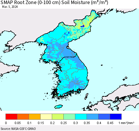 Korea SMAP Root Zone (0-100 cm) Soil Moisture (m³/m³) Thematic Map For 3/1/2024 - 3/5/2024