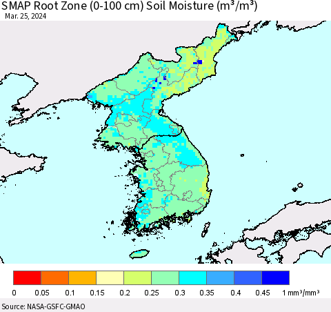 Korea SMAP Root Zone (0-100 cm) Soil Moisture (m³/m³) Thematic Map For 3/21/2024 - 3/25/2024