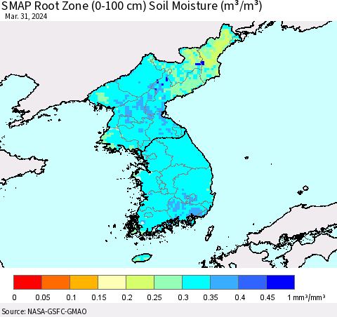 Korea SMAP Root Zone (0-100 cm) Soil Moisture (m³/m³) Thematic Map For 3/26/2024 - 3/31/2024