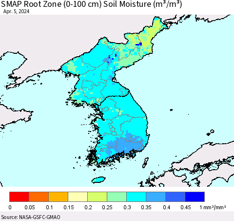 Korea SMAP Root Zone (0-100 cm) Soil Moisture (m³/m³) Thematic Map For 4/1/2024 - 4/5/2024