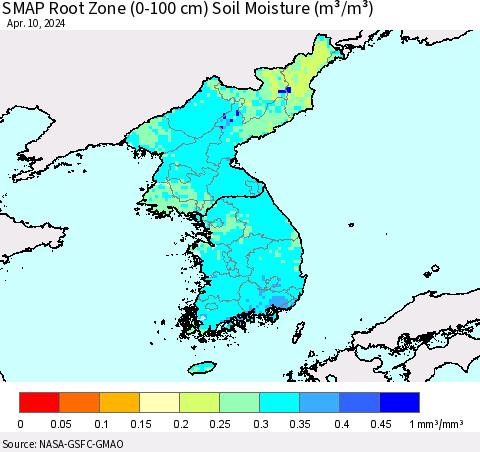 Korea SMAP Root Zone (0-100 cm) Soil Moisture (m³/m³) Thematic Map For 4/6/2024 - 4/10/2024