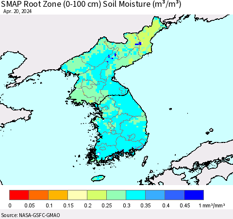 Korea SMAP Root Zone (0-100 cm) Soil Moisture (m³/m³) Thematic Map For 4/16/2024 - 4/20/2024