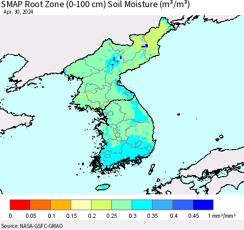 Korea SMAP Root Zone (0-100 cm) Soil Moisture (m³/m³) Thematic Map For 4/26/2024 - 4/30/2024