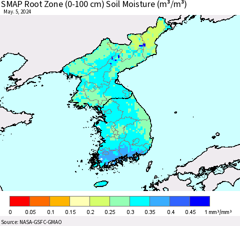 Korea SMAP Root Zone (0-100 cm) Soil Moisture (m³/m³) Thematic Map For 5/1/2024 - 5/5/2024