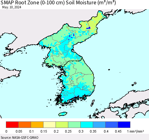 Korea SMAP Root Zone (0-100 cm) Soil Moisture (m³/m³) Thematic Map For 5/6/2024 - 5/10/2024