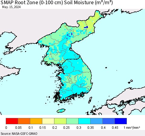 Korea SMAP Root Zone (0-100 cm) Soil Moisture (m³/m³) Thematic Map For 5/11/2024 - 5/15/2024