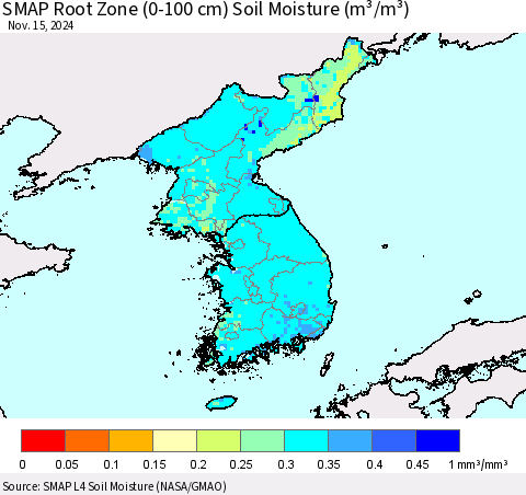 Korea SMAP Root Zone (0-100 cm) Soil Moisture (m³/m³) Thematic Map For 11/11/2024 - 11/15/2024