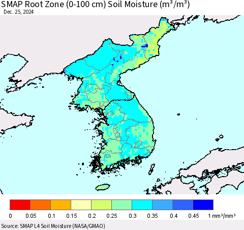 Korea SMAP Root Zone (0-100 cm) Soil Moisture (m³/m³) Thematic Map For 12/21/2024 - 12/25/2024