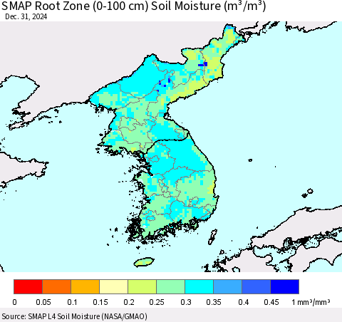 Korea SMAP Root Zone (0-100 cm) Soil Moisture (m³/m³) Thematic Map For 12/26/2024 - 12/31/2024