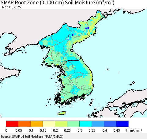 Korea SMAP Root Zone (0-100 cm) Soil Moisture (m³/m³) Thematic Map For 3/11/2025 - 3/15/2025