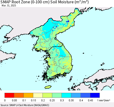 Korea SMAP Root Zone (0-100 cm) Soil Moisture (m³/m³) Thematic Map For 3/26/2025 - 3/31/2025