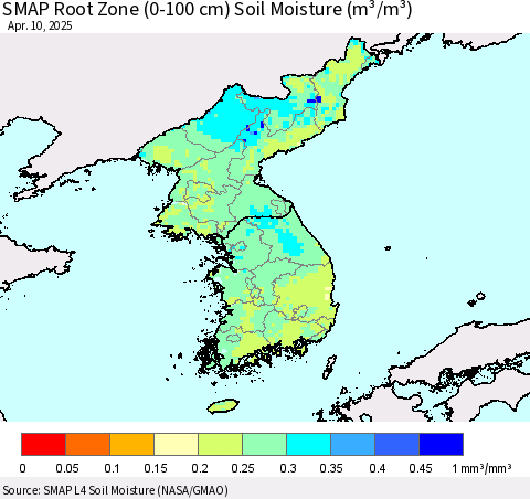 Korea SMAP Root Zone (0-100 cm) Soil Moisture (m³/m³) Thematic Map For 4/6/2025 - 4/10/2025