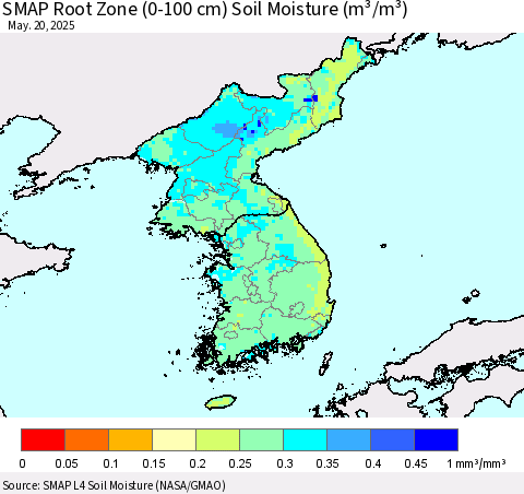 Korea SMAP Root Zone (0-100 cm) Soil Moisture (m³/m³) Thematic Map For 5/16/2025 - 5/20/2025