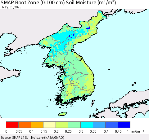 Korea SMAP Root Zone (0-100 cm) Soil Moisture (m³/m³) Thematic Map For 5/26/2025 - 5/31/2025