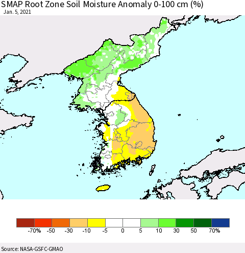 Korea SMAP Root Zone (0-100 cm) Soil Moisture Anomaly (%) Thematic Map For 1/1/2021 - 1/5/2021