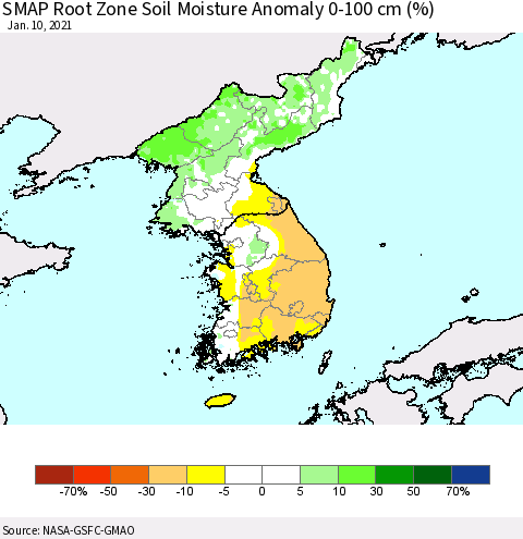 Korea SMAP Root Zone (0-100 cm) Soil Moisture Anomaly (%) Thematic Map For 1/6/2021 - 1/10/2021