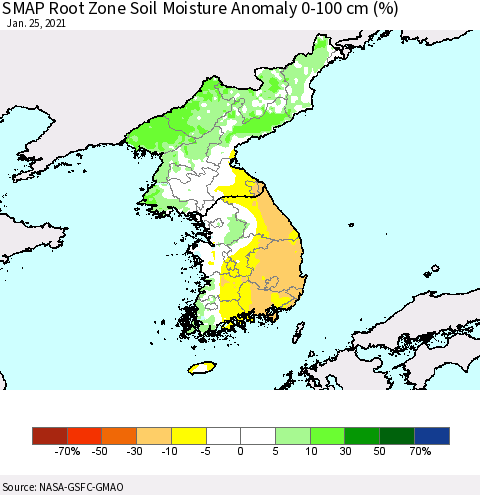 Korea SMAP Root Zone (0-100 cm) Soil Moisture Anomaly (%) Thematic Map For 1/21/2021 - 1/25/2021