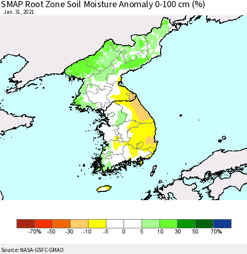 Korea SMAP Root Zone (0-100 cm) Soil Moisture Anomaly (%) Thematic Map For 1/26/2021 - 1/31/2021
