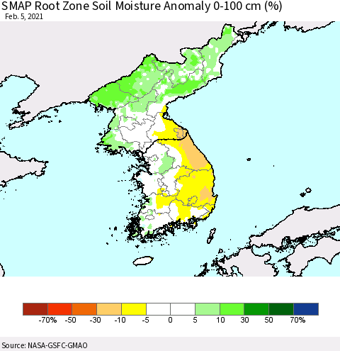 Korea SMAP Root Zone (0-100 cm) Soil Moisture Anomaly (%) Thematic Map For 2/1/2021 - 2/5/2021