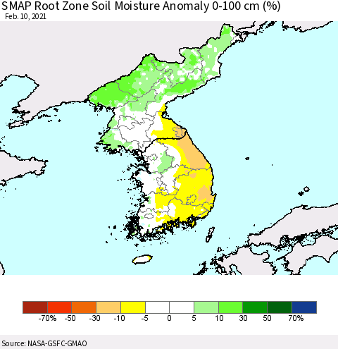 Korea SMAP Root Zone (0-100 cm) Soil Moisture Anomaly (%) Thematic Map For 2/6/2021 - 2/10/2021