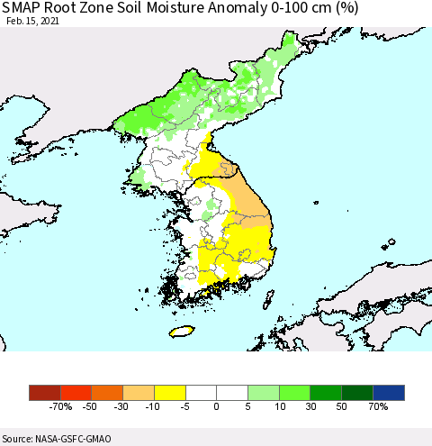 Korea SMAP Root Zone (0-100 cm) Soil Moisture Anomaly (%) Thematic Map For 2/11/2021 - 2/15/2021