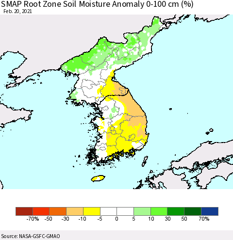 Korea SMAP Root Zone (0-100 cm) Soil Moisture Anomaly (%) Thematic Map For 2/16/2021 - 2/20/2021