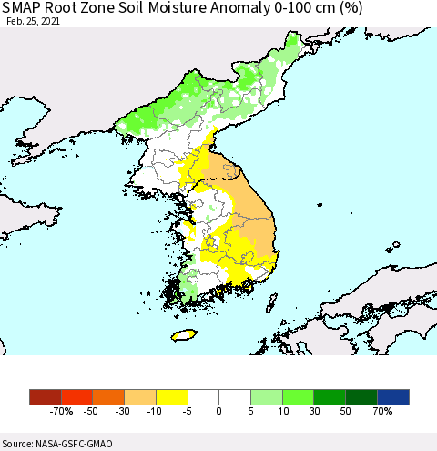 Korea SMAP Root Zone (0-100 cm) Soil Moisture Anomaly (%) Thematic Map For 2/21/2021 - 2/25/2021