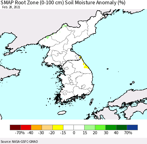 Korea SMAP Root Zone (0-100 cm) Soil Moisture Anomaly (%) Thematic Map For 2/26/2021 - 2/28/2021