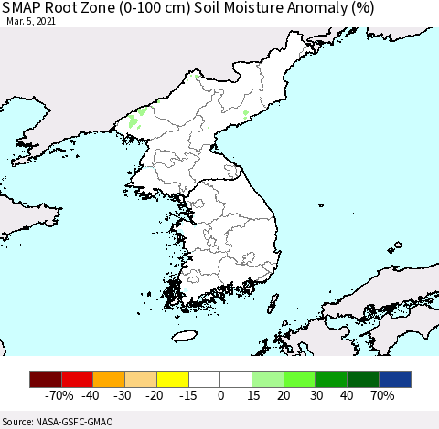Korea SMAP Root Zone (0-100 cm) Soil Moisture Anomaly (%) Thematic Map For 3/1/2021 - 3/5/2021