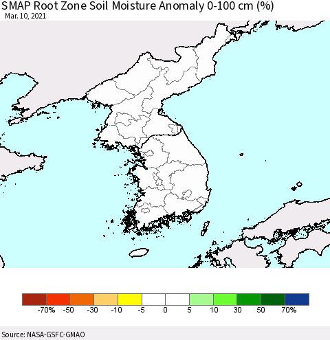 Korea SMAP Root Zone (0-100 cm) Soil Moisture Anomaly (%) Thematic Map For 3/6/2021 - 3/10/2021