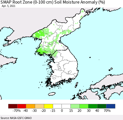 Korea SMAP Root Zone (0-100 cm) Soil Moisture Anomaly (%) Thematic Map For 4/1/2021 - 4/5/2021