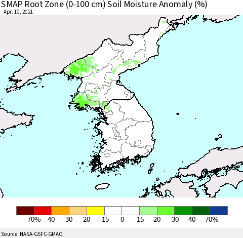 Korea SMAP Root Zone (0-100 cm) Soil Moisture Anomaly (%) Thematic Map For 4/6/2021 - 4/10/2021