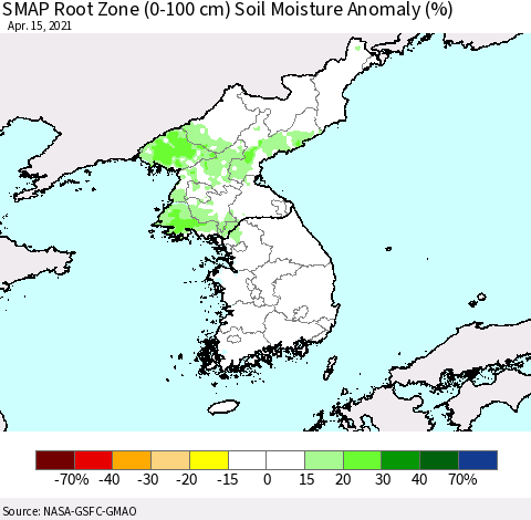 Korea SMAP Root Zone (0-100 cm) Soil Moisture Anomaly (%) Thematic Map For 4/11/2021 - 4/15/2021