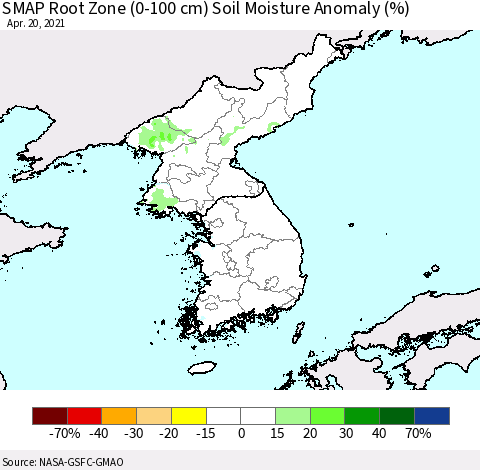 Korea SMAP Root Zone (0-100 cm) Soil Moisture Anomaly (%) Thematic Map For 4/16/2021 - 4/20/2021